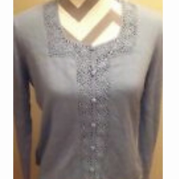 Casual Corner Annex Button Up Lt Blue Sweater Crochet Flowers w/ Pearls Sz M - Picture 7 of 7
